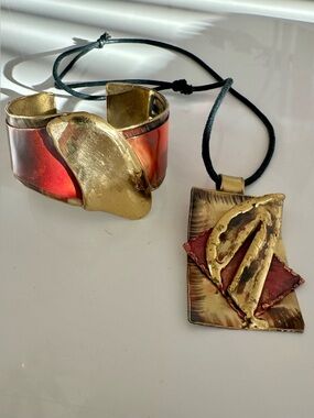 Red and Gold Abstract Metal Bracelet & Pendant Necklace Set